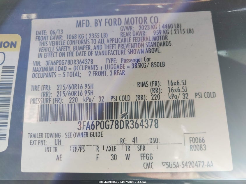 2013 Ford Fusion VIN 3FA6P0G78DR364378 IAAI salvage auction — FRONT END, Salvage (Ohio), sold $250 on 2026-07-10 (photo 9)
