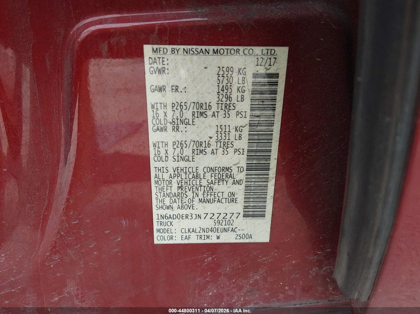 2018 Nissan Navara (frontier) VIN 1N6AD0ER3JN727277 IAAI salvage auction — RIGHT FRONT, Original (Texas), sold $4,150 on 2026-08-31 (photo 9)