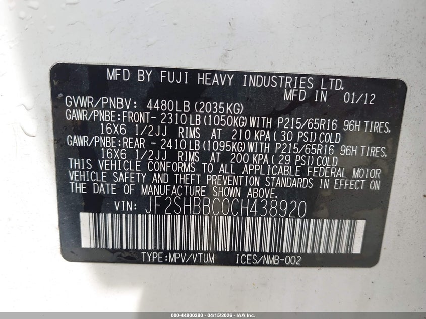 2012 Subaru Forester VIN JF2SHBBC0CH438920 IAAI salvage auction — SIDE, Salvage Title, sold $425 on 2026-07-16 (photo 9)