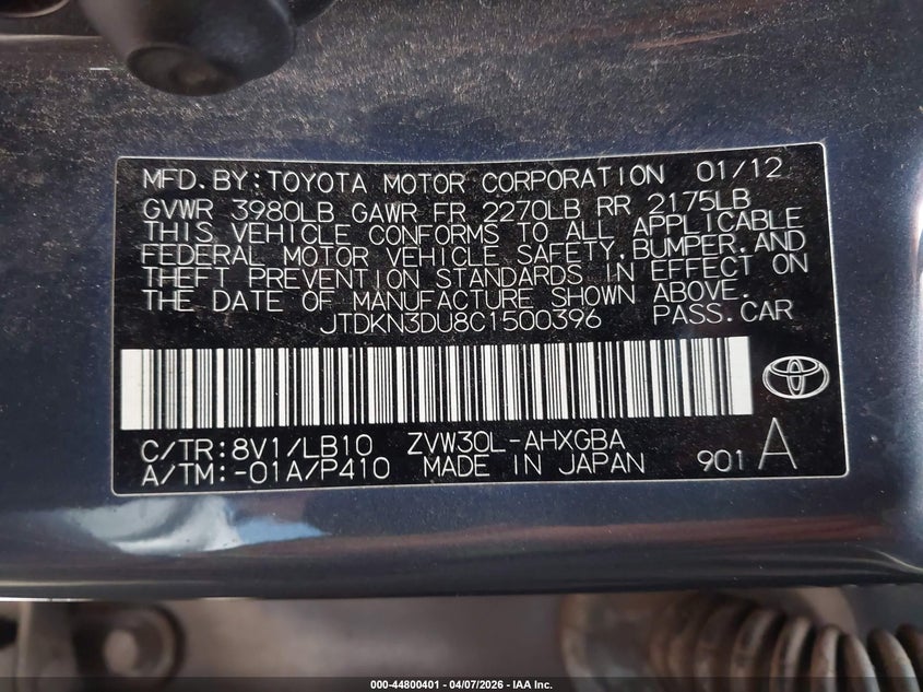 2012 Toyota Prius VIN JTDKN3DU8C1500396 IAAI salvage auction — WATER/FLOOD, Salvage (Hawaii), sold $125 on 2026-07-28 (photo 9)