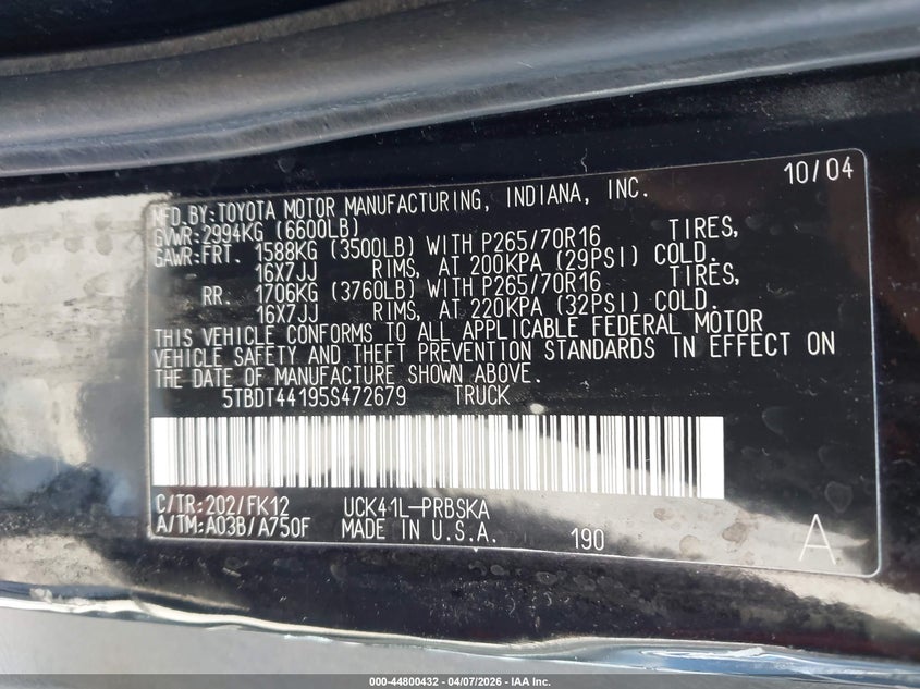 2005 Toyota Tundra VIN 5TBDT44195S472679 IAAI salvage auction — LEFT & RIGHT, Salvage (Texas), sold $1,500 on 2026-07-23 (photo 9)
