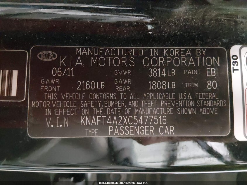 2012 Kia Forte VIN KNAFT4A2XC5477516 IAAI salvage auction — FRONT END, Salvage Title, sold $100 on 2026-07-10 (photo 9)