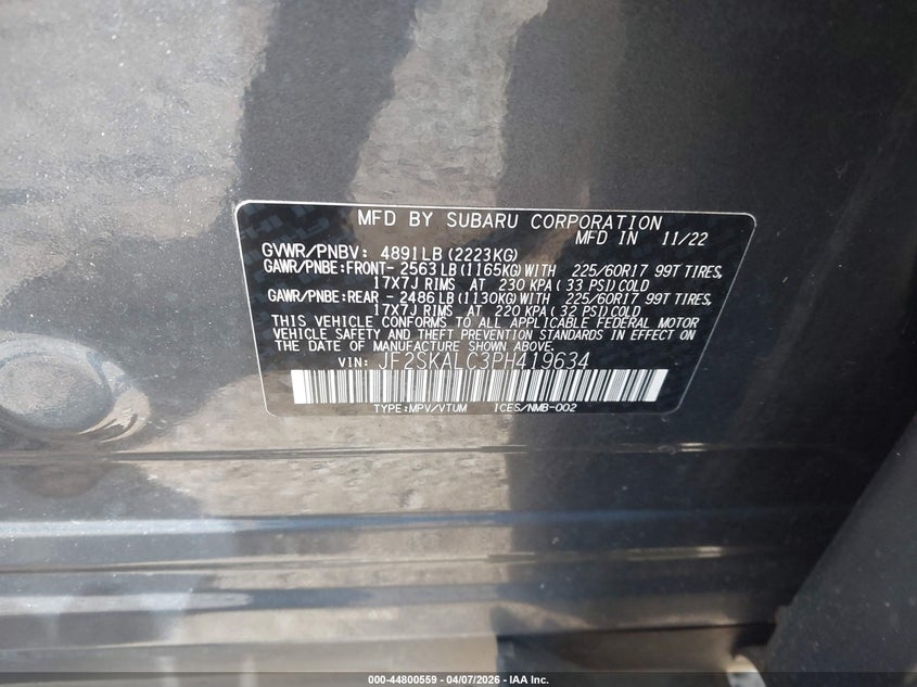2023 Subaru Forester VIN JF2SKALC3PH419634 IAAI salvage auction — WATER/FLOOD, Salvage (Hawaii), sold $1,650 on 2026-07-21 (photo 9)