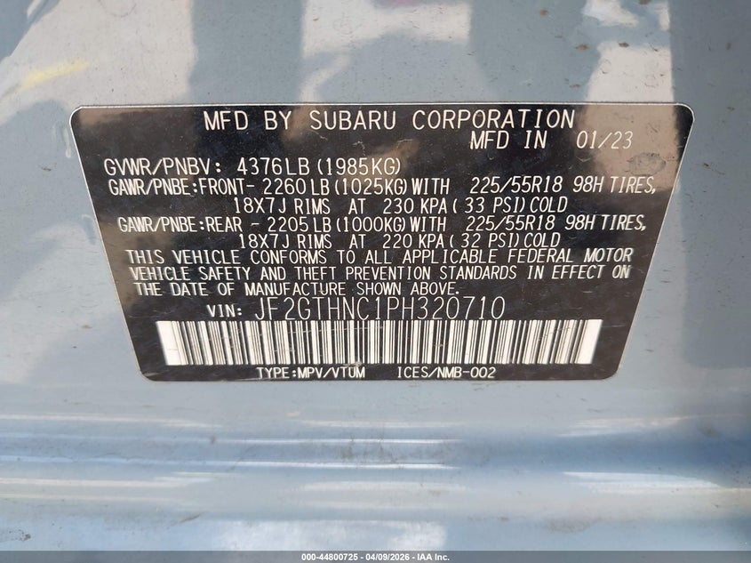 2023 Subaru Xv VIN JF2GTHNC1PH320710 IAAI salvage auction — REAR END, Original (Texas), sold $9,700 on 2026-07-05 (photo 9)