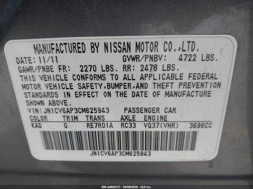 2012 Infiniti G VIN JN1CV6AP3CM625943 IAAI salvage auction — LEFT FRONT, Salvage Title, sold $1,150 on 2026-07-23 (photo 9)