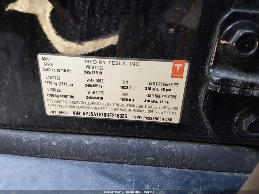 2017 Tesla Model s VIN 5YJSA1E18HF218326 IAAI salvage auction — FRONT END, Wait Title, sold $5,300 on 2026-07-09 (photo 9)