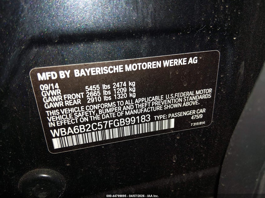 2015 BMW 6er VIN WBA6B2C57FGB99183 IAAI salvage auction — UNKNOWN, Salvage Title, sold $3,700 on 2026-07-28 (photo 9)
