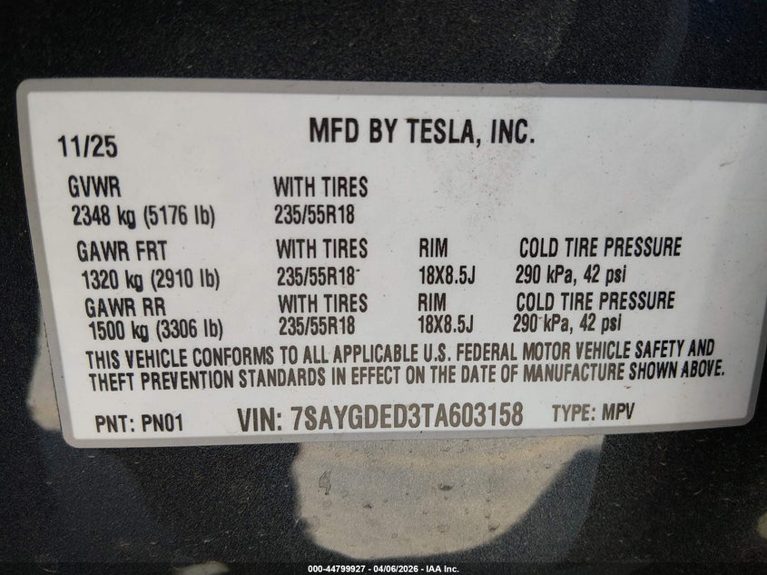 2026 Tesla Model y VIN 7SAYGDED3TA603158 IAAI salvage auction — LEFT SIDE, Wait Title, sold $18,950 on 2026-08-27 (photo 9)