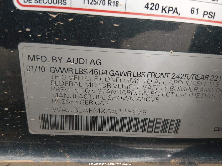 2010 Audi A3 VIN WAUBEAFMXAA115675 IAAI salvage auction — REAR END, Salvage (New Mexico), sold $300 on 2026-07-20 (photo 9)