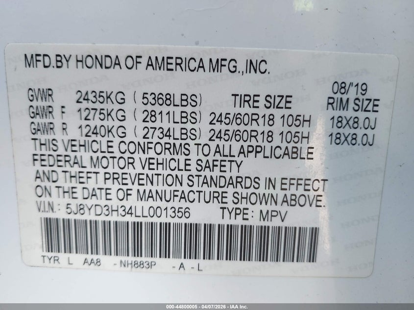 2020 Acura Mdx VIN 5J8YD3H34LL001356 IAAI salvage auction — FRONT END, Salvage (Hawaii), sold $4,475 on 2026-07-28 (photo 9)