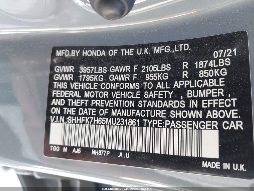 2021 Honda Civic VIN SHHFK7H65MU231861 IAAI salvage auction — FRONT END, Salvage Title, sold $3,150 on 2026-07-21 (photo 9)