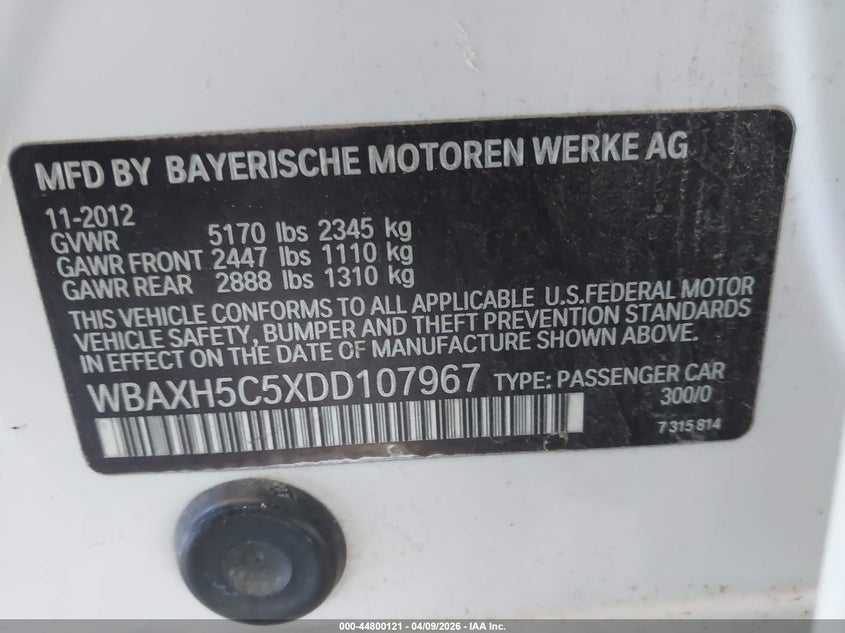 2013 BMW 5er VIN WBAXH5C5XDD107967 IAAI salvage auction — ALL OVER, Salvage Title, sold $25 on 2026-07-17 (photo 9)