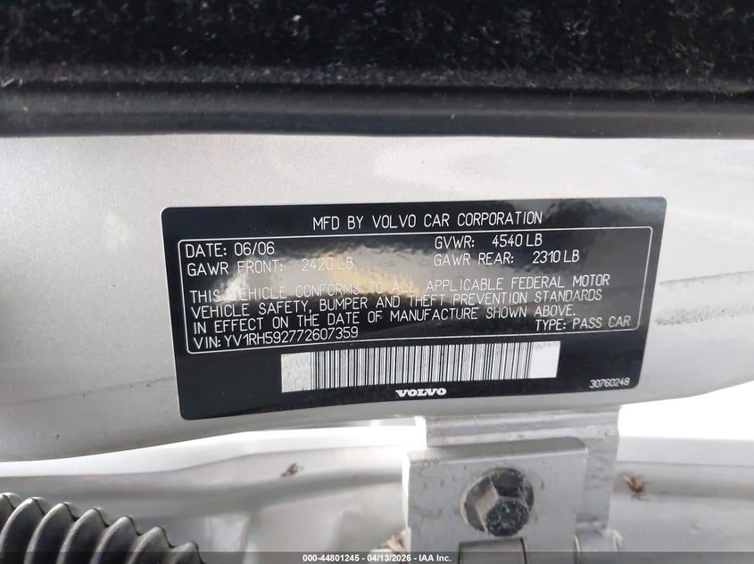2007 Volvo S60 VIN YV1RH592772607359 IAAI salvage auction — RIGHT SIDE, Salvage (California), sold $275 on 2026-07-14 (photo 9)