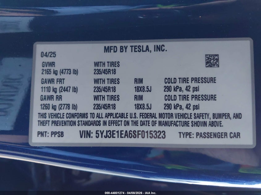 2025 Tesla Model 3 VIN 5YJ3E1EA6SF015323 IAAI salvage auction — LEFT REAR, Salvage Title, sold $12,600 on 2026-07-08 (photo 9)