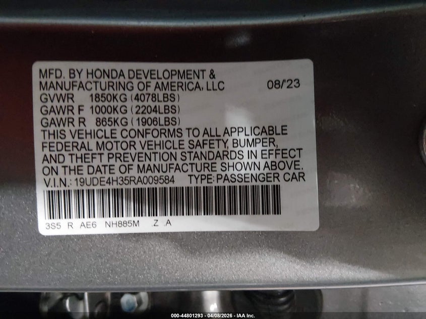2024 Acura Integra VIN 19UDE4H35RA009584 IAAI salvage auction — REAR END, Salvage (Idaho), sold $11,150 on 2026-07-31 (photo 9)