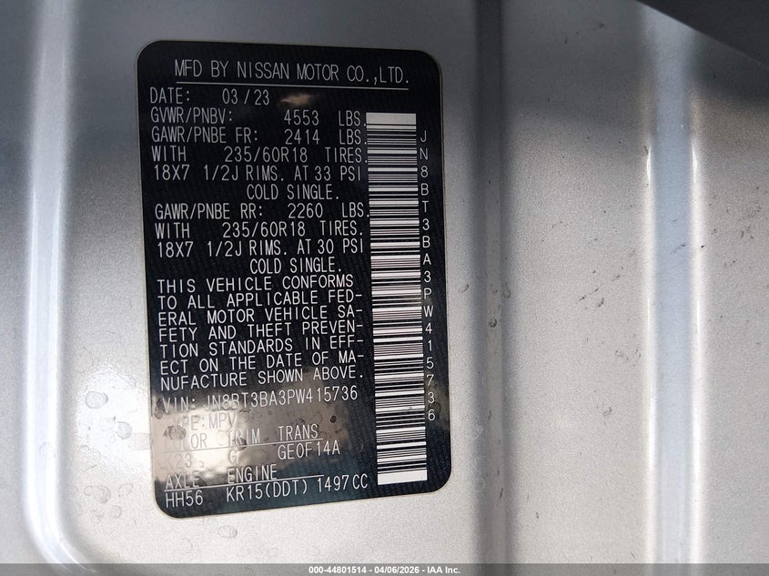 2023 Nissan Rogue VIN JN8BT3BA3PW415736 IAAI salvage auction — FRONT END, Wait Title, sold $3,400 on 2026-07-24 (photo 9)
