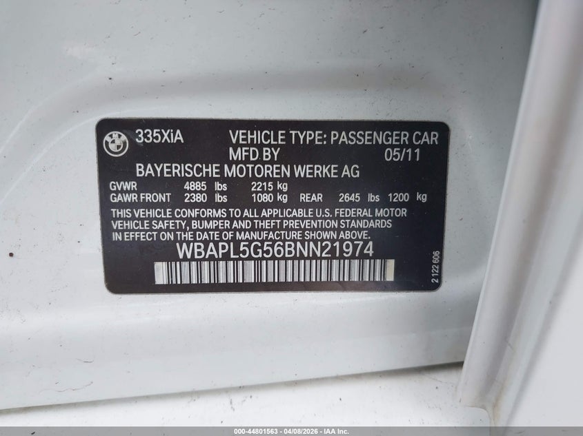 2011 BMW 3er VIN WBAPL5G56BNN21974 IAAI salvage auction — WATER/FLOOD, Salvage (Hawaii), sold $525 on 2026-07-28 (photo 9)