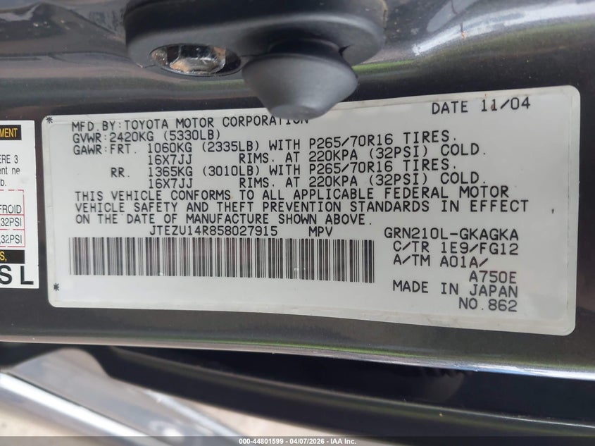 2005 Toyota 4runner VIN JTEZU14R858027915 IAAI salvage auction — WATER/FLOOD, Salvage (Hawaii), sold $100 on 2026-07-28 (photo 9)