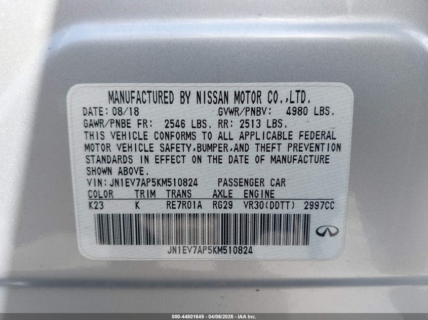 2019 Infiniti Q50 VIN JN1EV7AP5KM510824 IAAI salvage auction — LEFT FRONT, Wait Title, sold $1,450 on 2026-07-23 (photo 9)