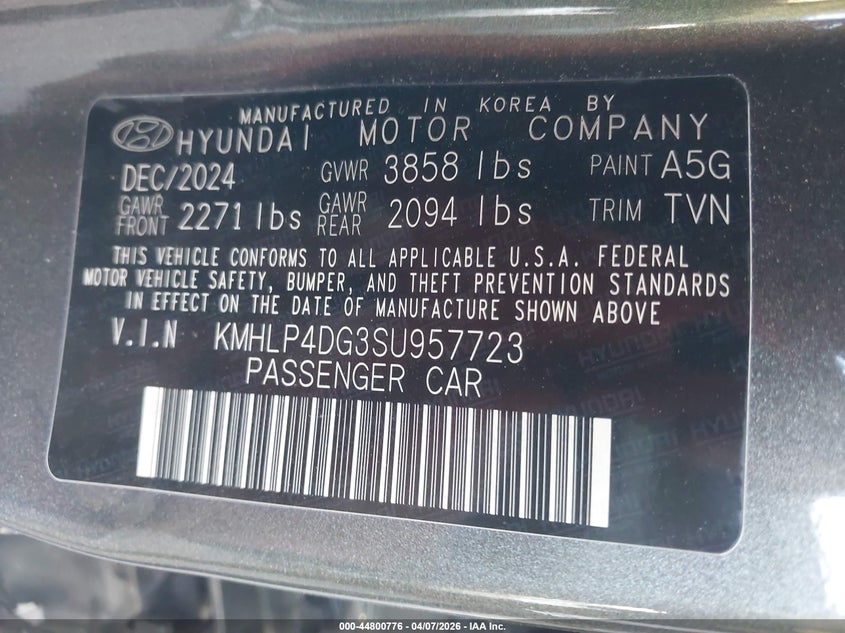 2025 Hyundai Elantra VIN KMHLP4DG3SU957723 IAAI salvage auction — LEFT SIDE, Salvage Title, sold $7,400 on 2026-07-14 (photo 9)