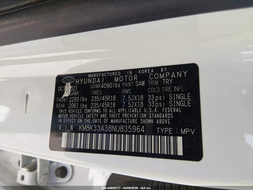 2022 Hyundai Kona VIN KM8K33A38NU835964 IAAI salvage auction — FRONT END, Salvage Title, sold $2,950 on 2026-07-11 (photo 9)