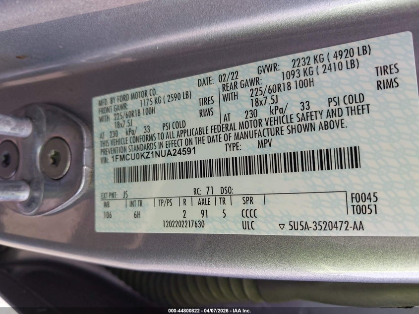 2022 Ford Escape VIN 1FMCU0KZ1NUA24591 IAAI salvage auction — RIGHT FRONT, Wait Title, sold $8,200 on 2026-07-23 (photo 9)
