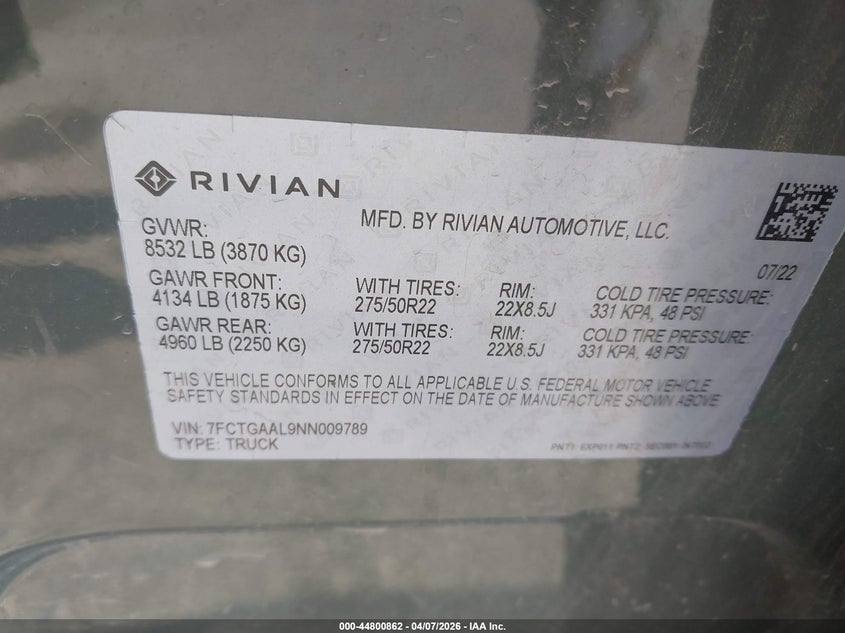 2022 Rivian R1t VIN 7FCTGAAL9NN009789 IAAI salvage auction — RIGHT SIDE, Salvage Title, sold $12,500 on 2026-08-28 (photo 9)