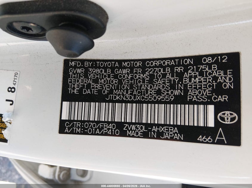 2012 Toyota Prius VIN JTDKN3DUXC5509559 IAAI salvage auction — FRONT END, Wait Title, sold $1,600 on 2026-07-28 (photo 9)