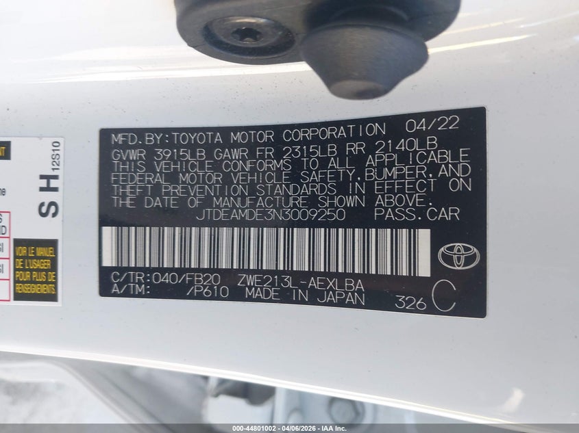 2022 Toyota Corolla VIN JTDEAMDE3N3009250 IAAI salvage auction — LEFT SIDE, Wait Title, sold $6,600 on 2026-07-29 (photo 9)