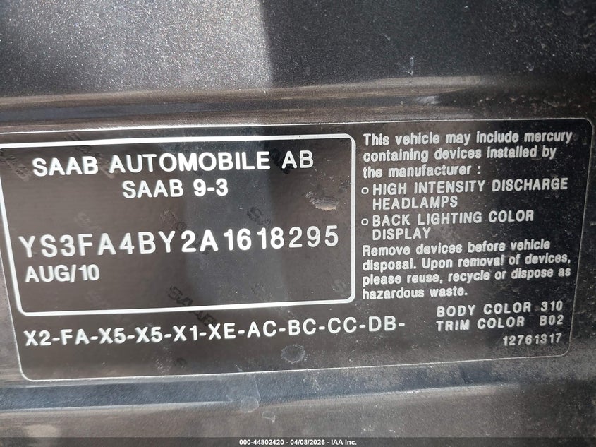 2010 Saab 9-3 VIN YS3FA4BY2A1618295 IAAI salvage auction — FRONT END, Salvage (Illinois), sold $100 on 2026-08-12 (photo 9)