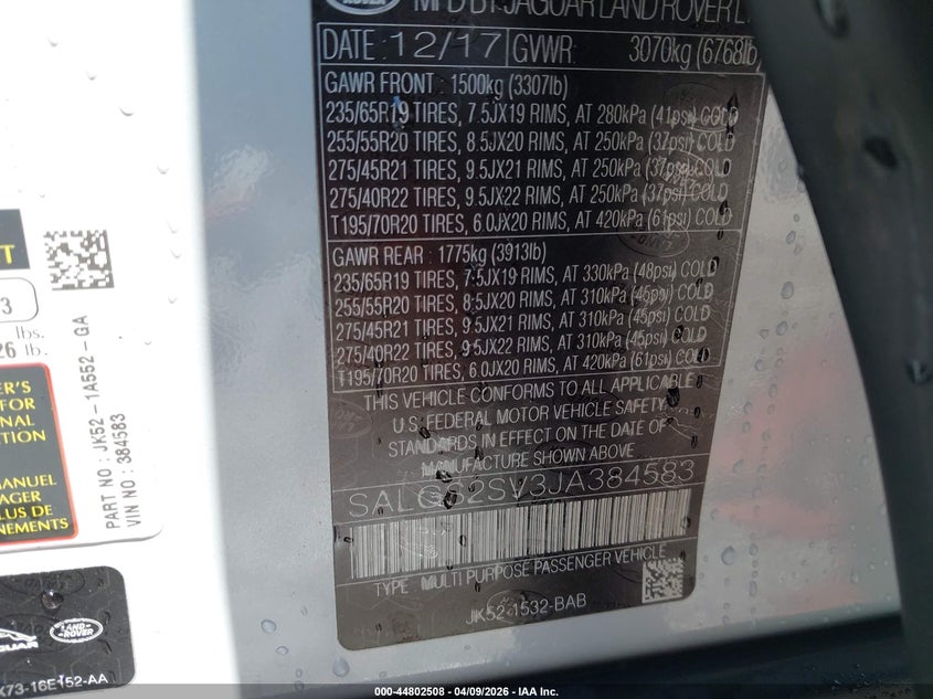 2018 Land rover RANGE ROVER VIN SALGS2SV3JA384583 IAAI salvage auction — SIDE, Salvage Title, sold $7,300 on 2026-07-17 (photo 9)