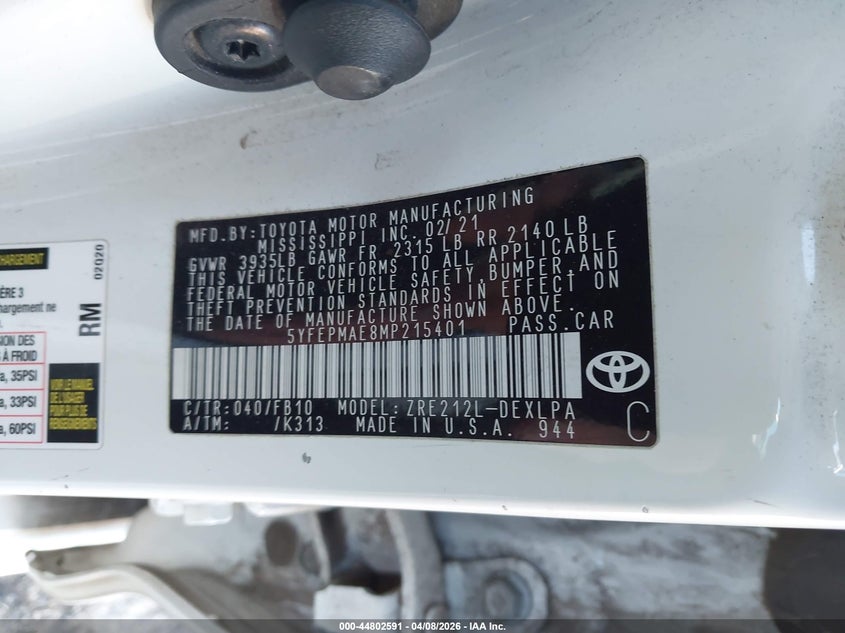 2021 Toyota Corolla VIN 5YFEPMAE8MP215401 IAAI salvage auction — HAIL, Original (Texas), sold $4,250 on 2026-07-29 (photo 9)
