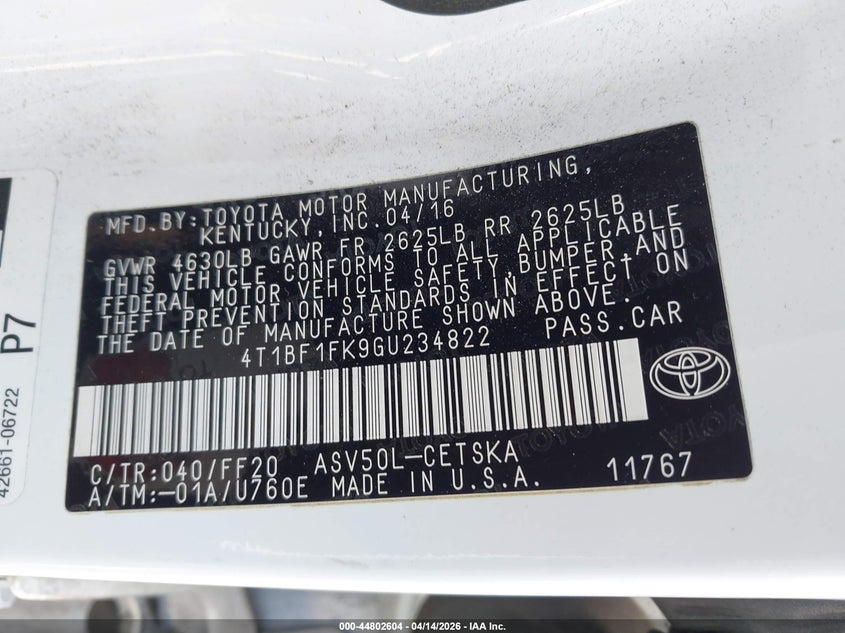 2016 Toyota Camry VIN 4T1BF1FK9GU234822 IAAI salvage auction — FRONT END, Wait Title, sold $475 on 2026-07-27 (photo 9)