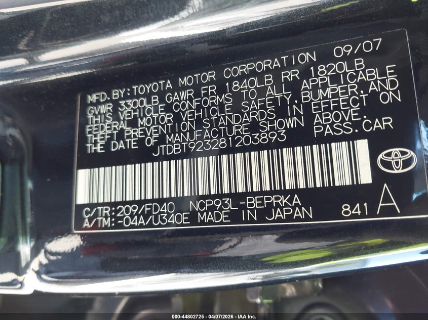 2008 Toyota Yaris VIN JTDBT923281203893 IAAI salvage auction — LEFT FRONT, Salvage (California), sold $700 on 2026-07-06 (photo 9)