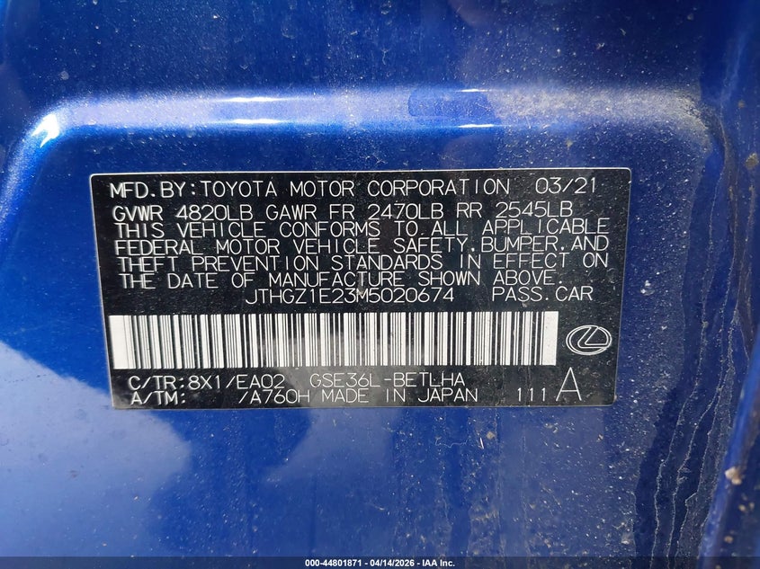 2021 Lexus Is VIN JTHGZ1E23M5020674 IAAI salvage auction — FRONT END, Wait Title, sold $5,800 on 2026-07-08 (photo 9)