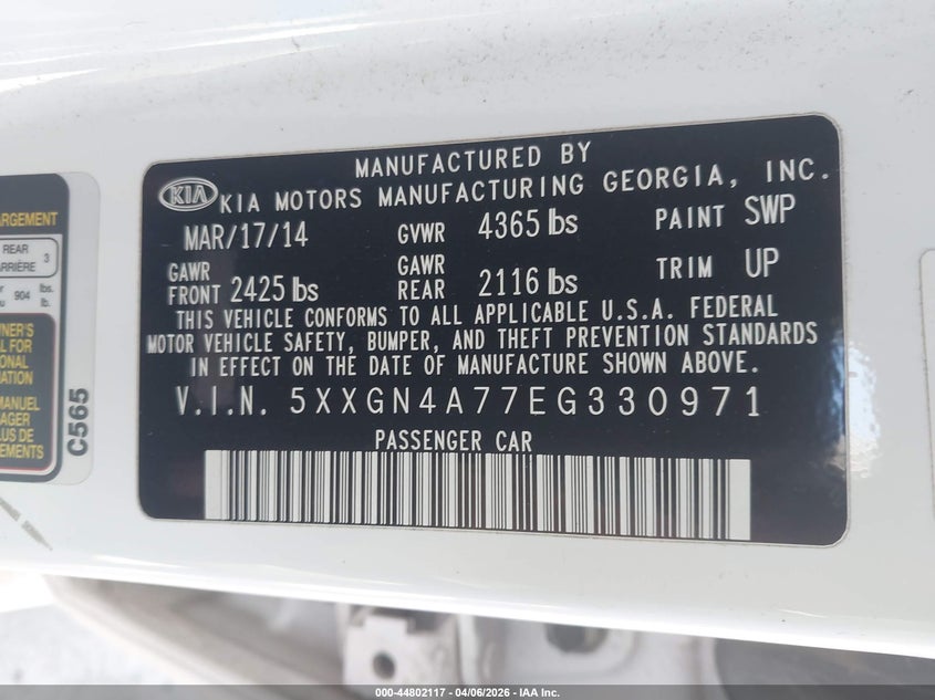 2014 Kia Optima VIN 5XXGN4A77EG330971 IAAI salvage auction — FRONT END, Wait Title, sold $525 on 2026-07-21 (photo 9)