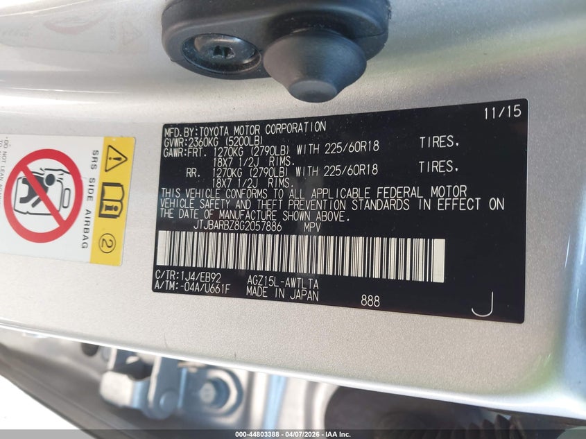 2016 Lexus Nx VIN JTJBARBZ8G2057886 IAAI salvage auction — FRONT END, Original (Texas), sold $8,350 on 2026-07-30 (photo 9)