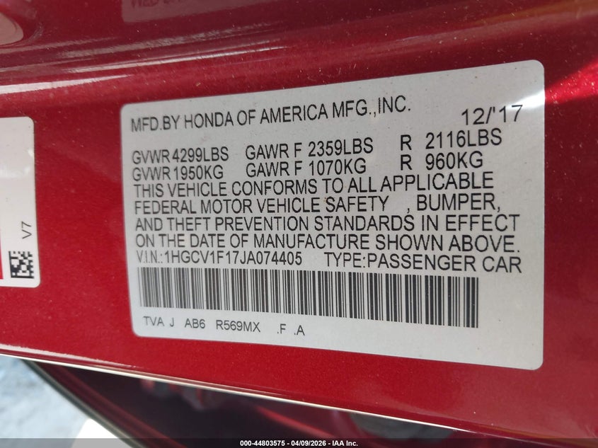 2018 Honda Accord VIN 1HGCV1F17JA074405 IAAI salvage auction — STORM DAMAGE, Salvage (Georgia), sold $4,300 on 2026-08-01 (photo 9)