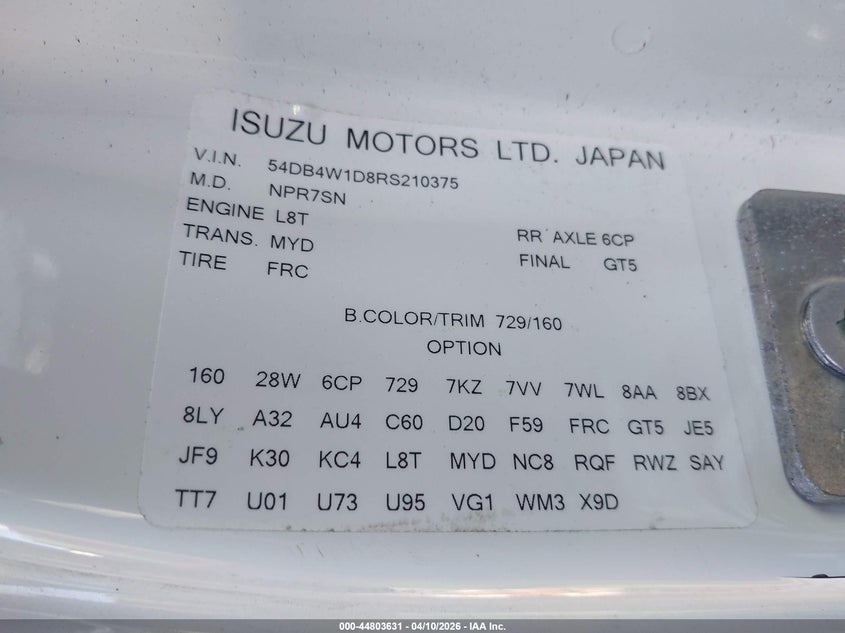 2024 Isuzu Npr VIN 54DB4W1D8RS210375 IAAI salvage auction — FRONT END, Salvage (Pennsylvania), sold $5,050 on 2026-09-11 (photo 8)