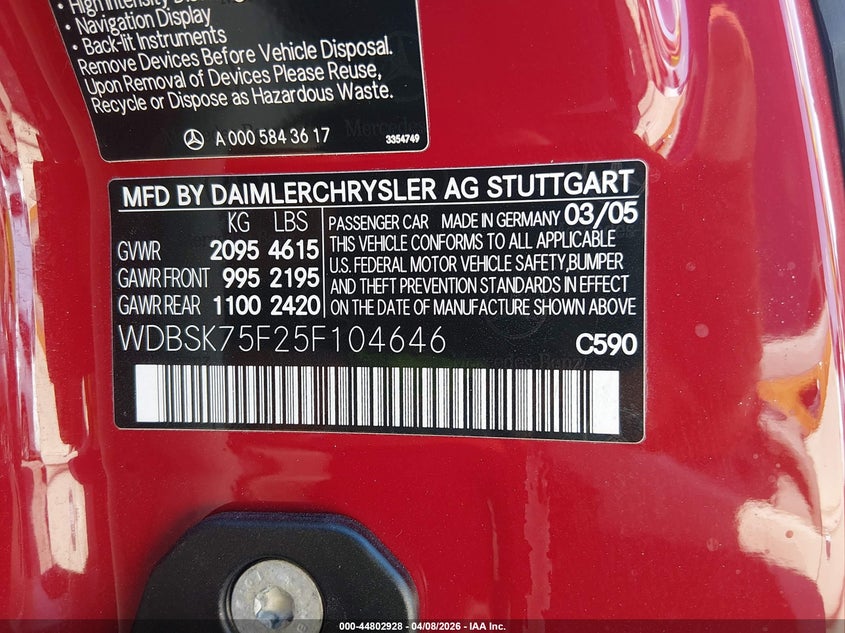 2005 Mercedes-benz Sl-klasse VIN WDBSK75F25F104646 IAAI salvage auction — HAIL, Clear (Oklahoma), sold $8,100 on 2026-07-22 (photo 9)