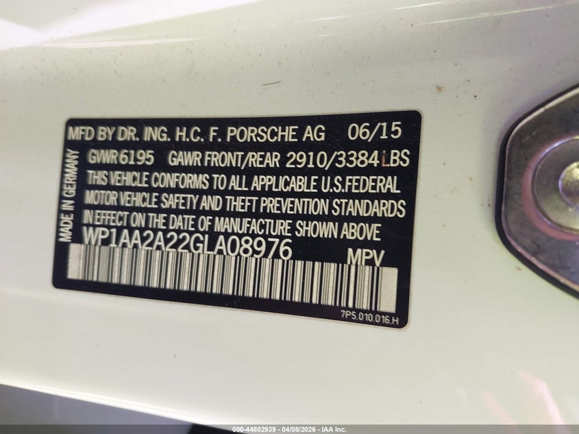 2016 Porsche Cayenne VIN WP1AA2A22GLA08976 IAAI salvage auction — FRONT END, Mv-907A (New York), sold $2,975 on 2026-08-18 (photo 9)