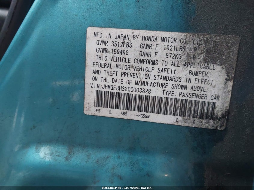 2012 Honda Fit VIN JHMGE8H33CC003828 IAAI salvage auction — FRONT END, Salvage Title, sold $725 on 2026-07-14 (photo 9)
