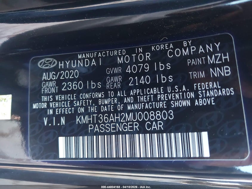 2021 Hyundai Veloster VIN KMHT36AH2MU008803 IAAI salvage auction — FRONT & REAR, Salvage (North Carolina), sold $2,050 on 2026-07-06 (photo 9)