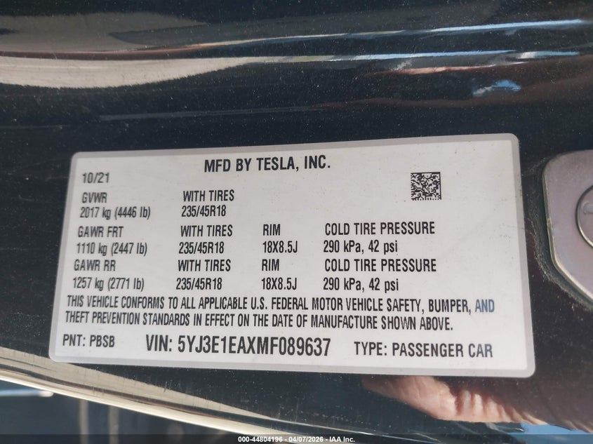 2021 Tesla Model 3 VIN 5YJ3E1EAXMF089637 IAAI salvage auction — FRONT END, Salvage - Greater Than 75% (Maryland), sold $4,500 on 2026-07-16 (photo 9)