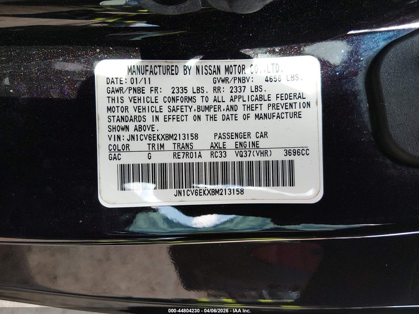 2011 Infiniti G VIN JN1CV6EKXBM213158 IAAI salvage auction — FRONT END, Salvage (New Jersey), sold $1,700 on 2026-07-28 (photo 9)