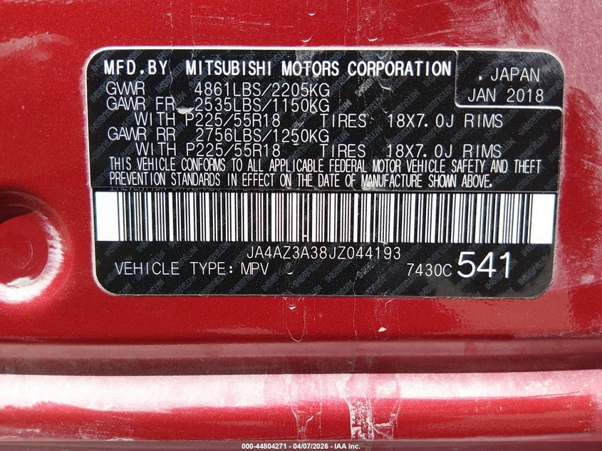 2018 Mitsubishi Outlander VIN JA4AZ3A38JZ044193 IAAI salvage auction — RIGHT FRONT, Wait Title, sold $2,300 on 2026-07-17 (photo 9)