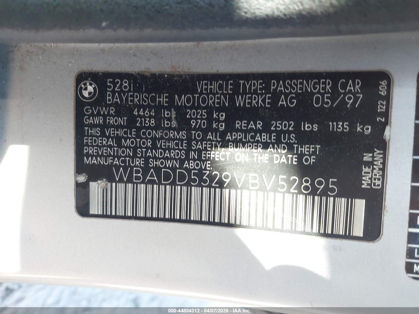 1997 BMW 5 series VIN WBADD5329VBV52895 IAAI salvage auction — TRANSMISSION, Clear (Georgia), sold $25 on 2026-07-30 (photo 9)
