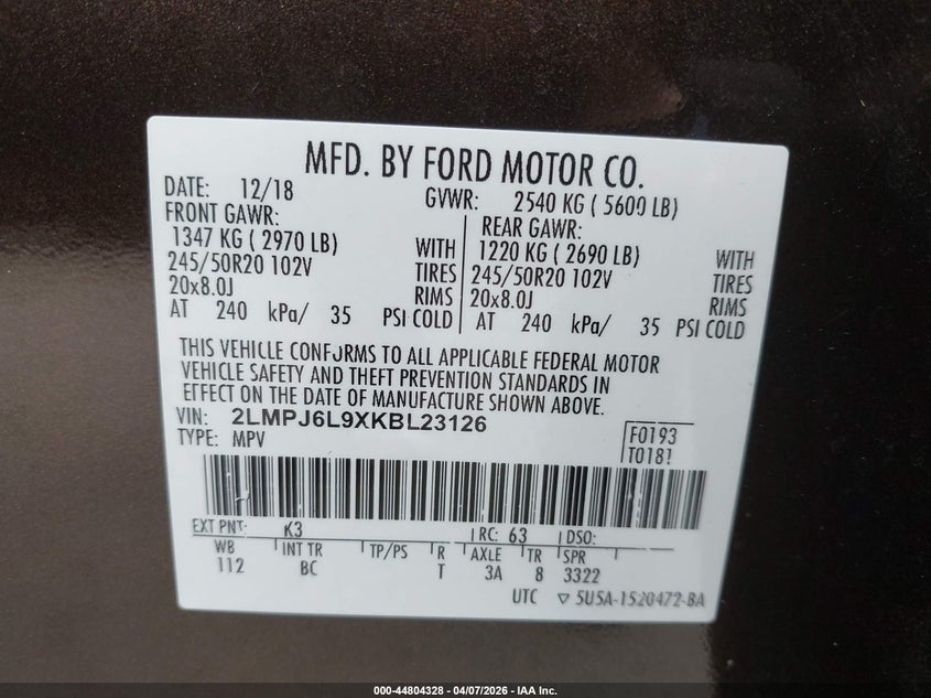 2019 Lincoln Nautilus VIN 2LMPJ6L9XKBL23126 IAAI salvage auction — FRONT END, Salvage Title, sold $2,600 on 2026-07-21 (photo 9)