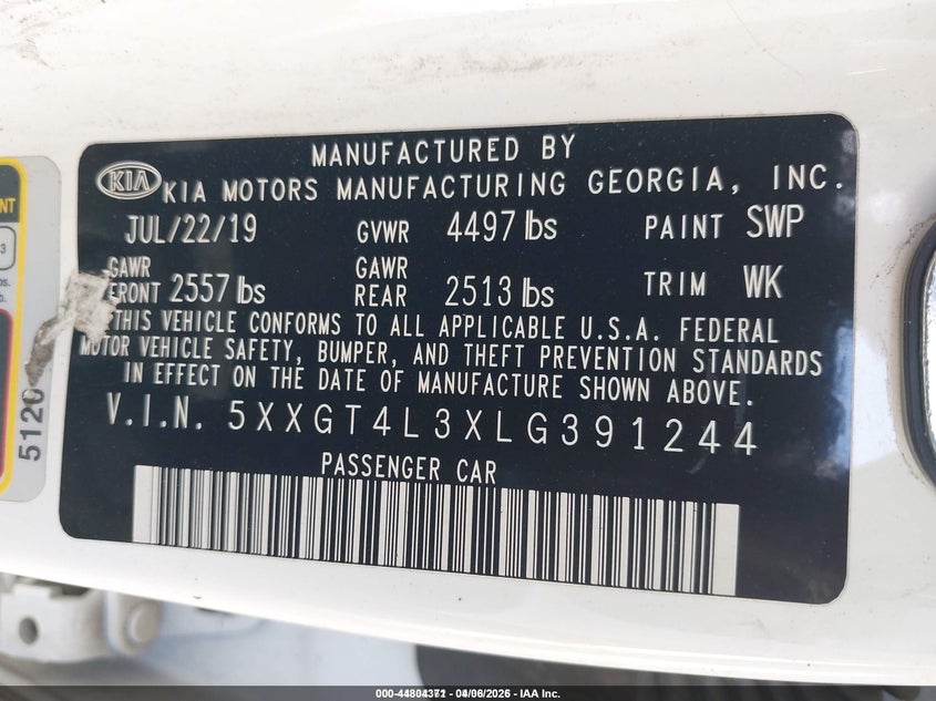 2020 Kia Optima VIN 5XXGT4L3XLG391244 IAAI salvage auction — ENGINE BURN, Salvage Title, sold $175 on 2026-07-07 (photo 9)