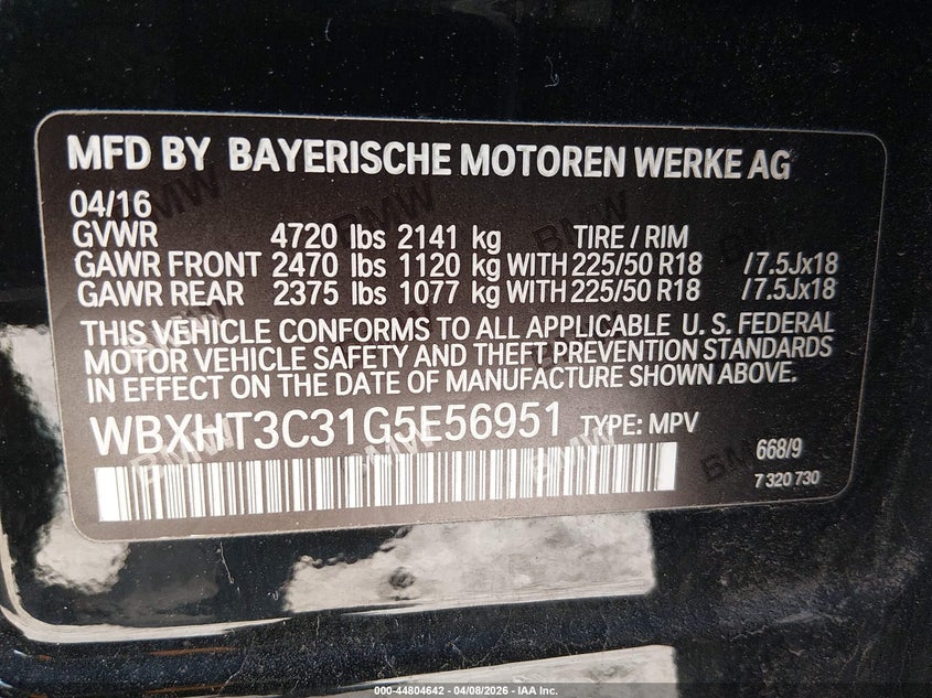 2016 BMW X1 VIN WBXHT3C31G5E56951 IAAI salvage auction — FRONT END, Salvage (New Jersey), sold $2,100 on 2026-07-28 (photo 9)